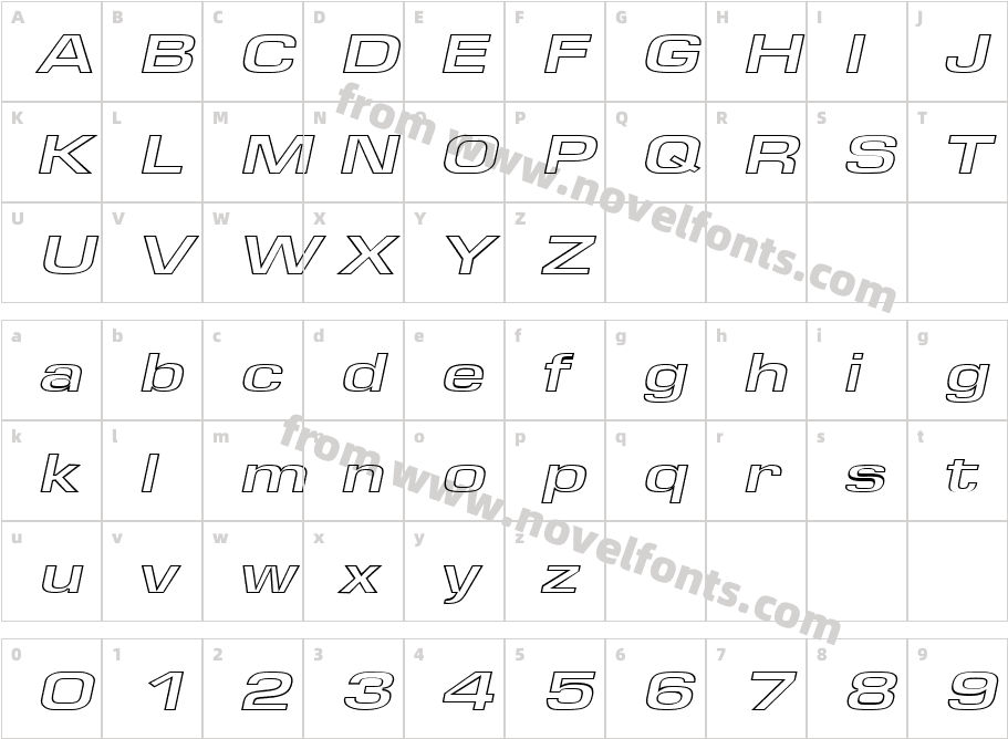 EuroseWideHollowItalicCharacter Map