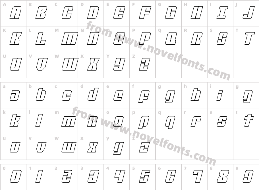 MobileInfantryOutlineItalicCharacter Map