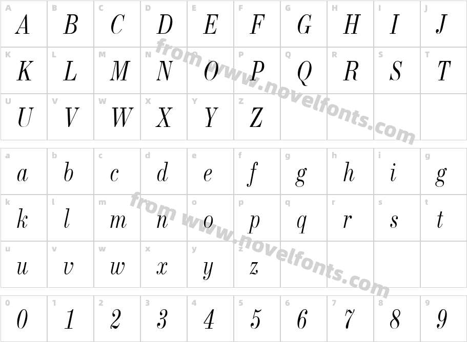 NewStandardOldNarrowItalicCharacter Map