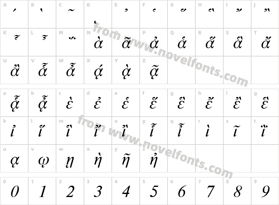 NewtonPG-ItalicCharacter Map