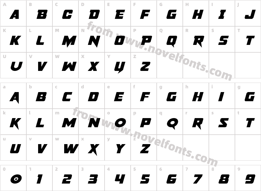 PistoleerExpandedItalicCharacter Map