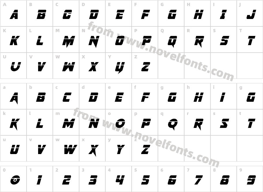 PistoleerLaserItalicCharacter Map