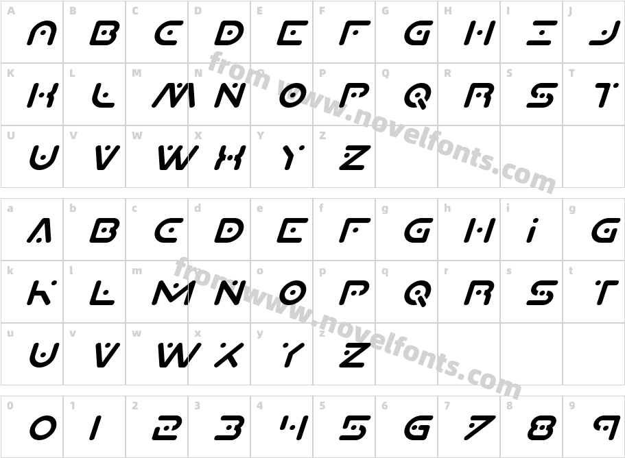 PlanetXItalicCharacter Map