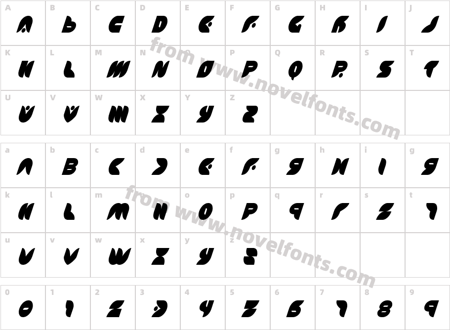 PuffAngelCondensedItalicCharacter Map