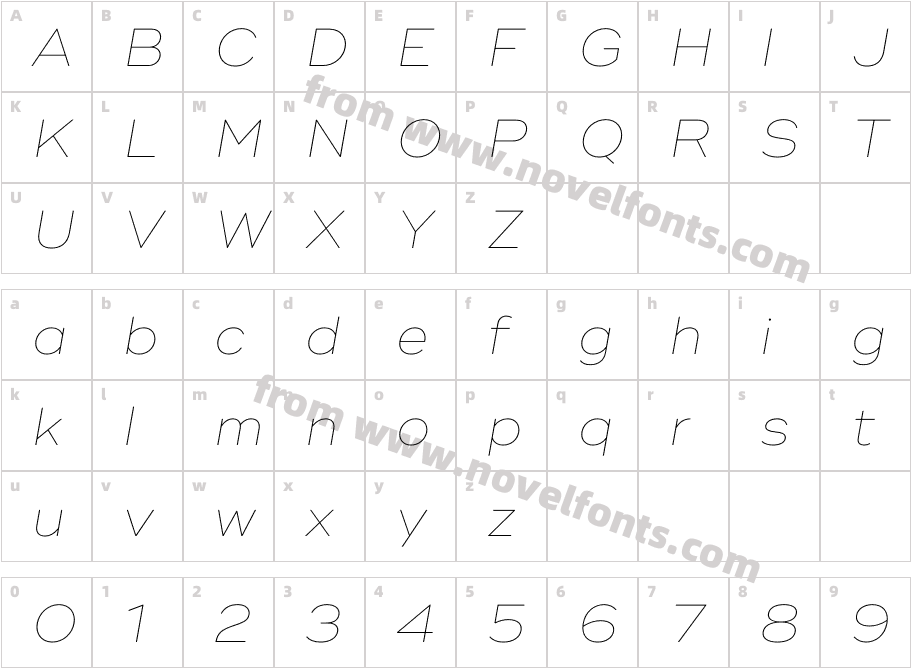 Ridley Grotesk Thin ItalicCharacter Map