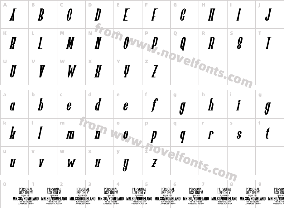 Romelano Bold Italic PERSONAL USE Bold ItalicCharacter Map