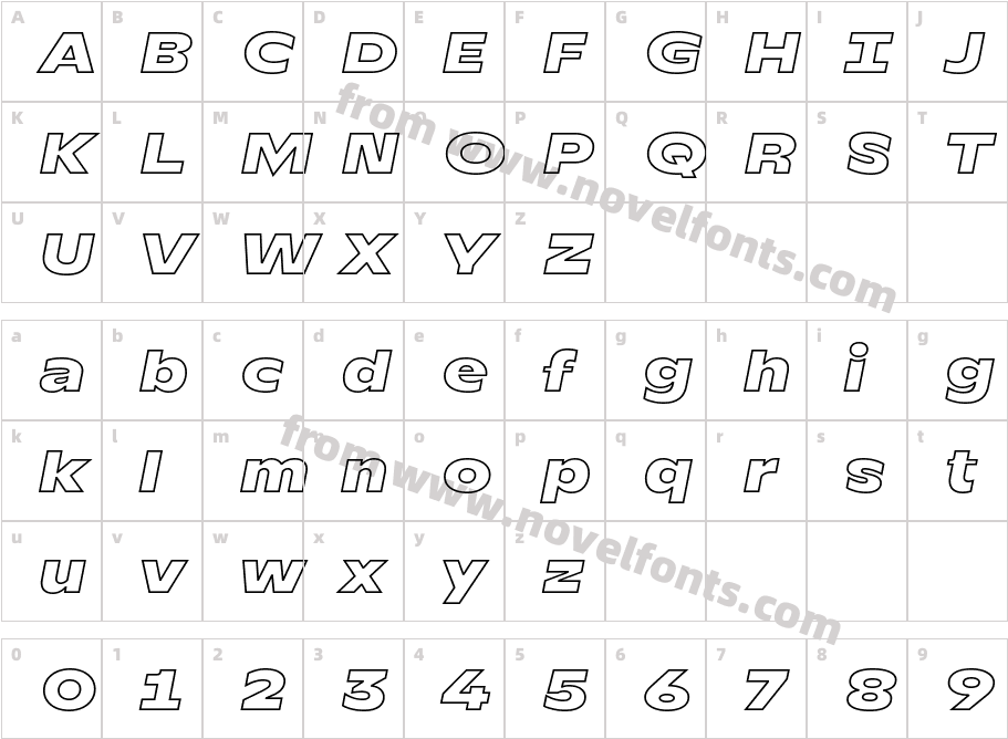 TT Runs Black Outline ItalicCharacter Map