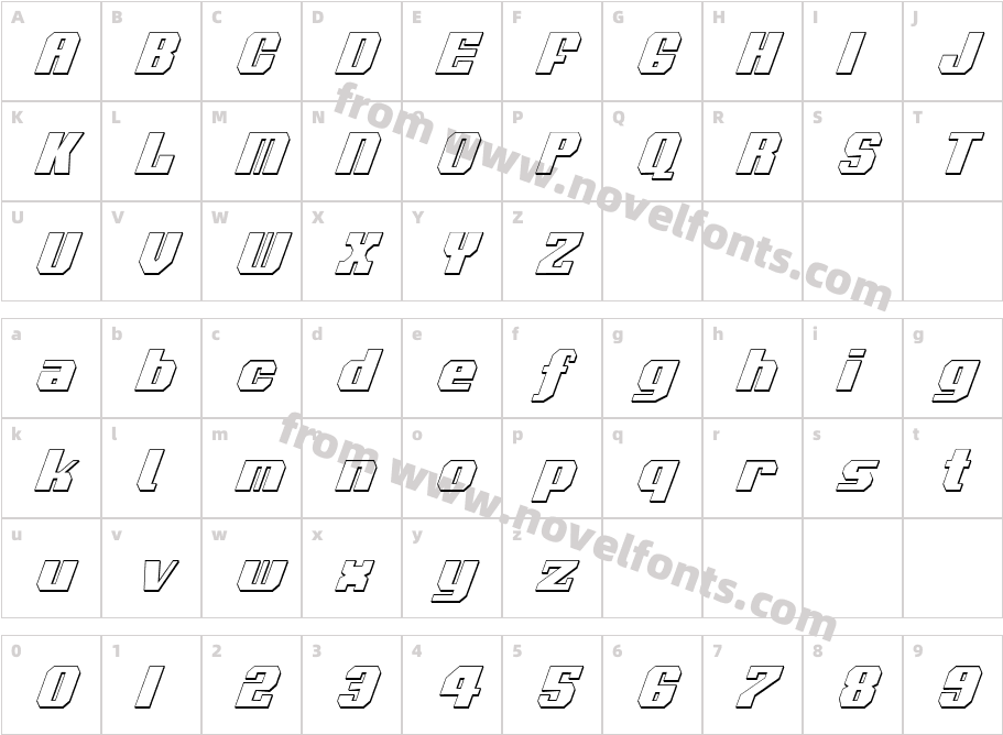 Voortrekker3DCondensedItalicCharacter Map