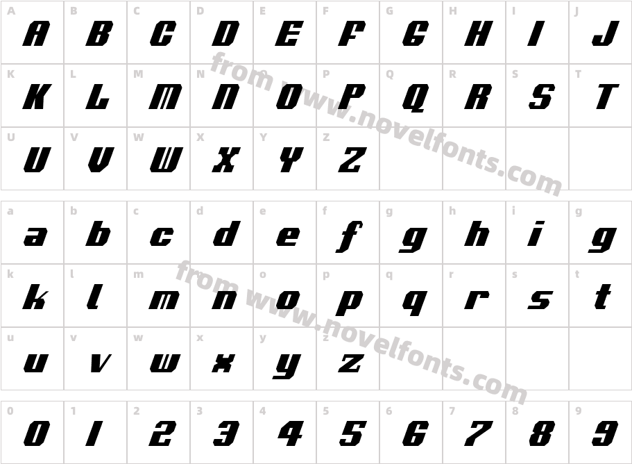 VoortrekkerCondensedItalicCharacter Map