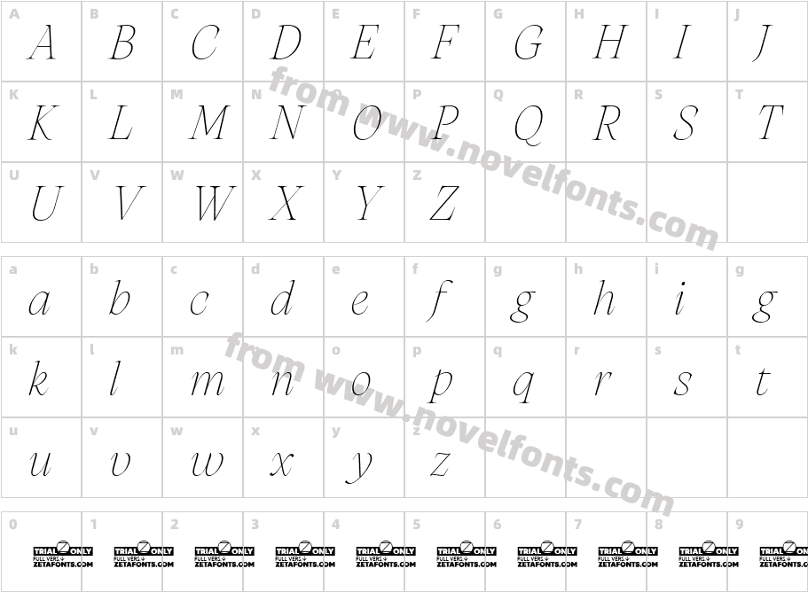 Artusi Grande Trial Extralight ItalicCharacter Map