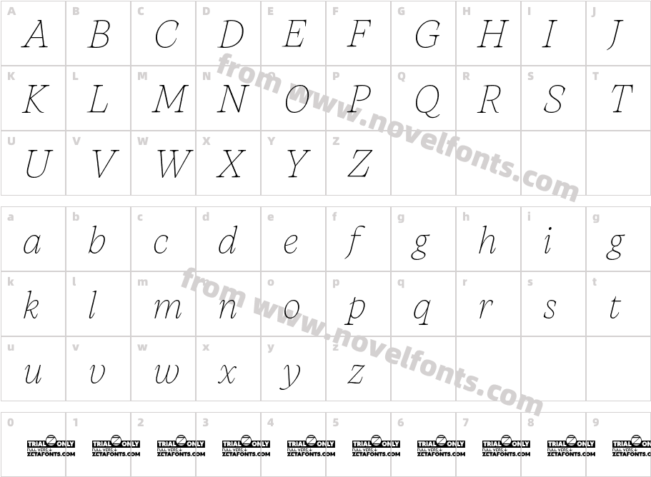 Artusi Trial Extralight ItalicCharacter Map