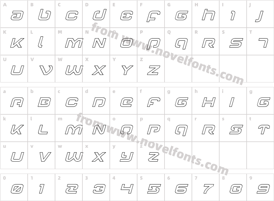 Gunrunner Ouline ItalicCharacter Map