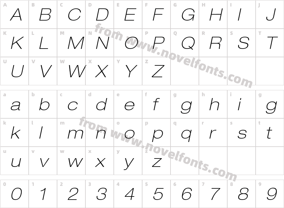 Helvetica LT 33 Thin Extended ObliqueCharacter Map