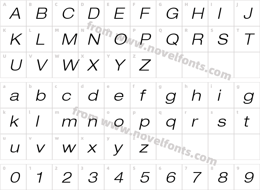 Helvetica LT 43 Light Extended ObliqueCharacter Map