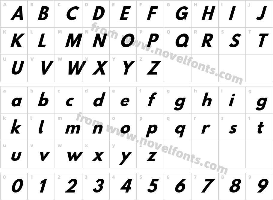 Hussar Bold Condensed Oblique ThreeCharacter Map