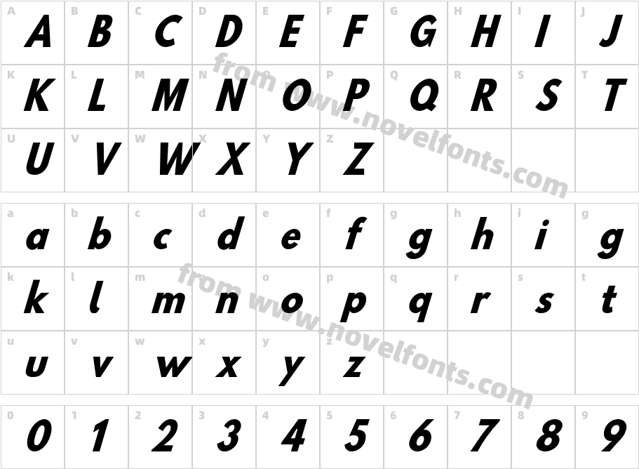 Hussar Bold SuperCondensed Oblique ThreeCharacter Map