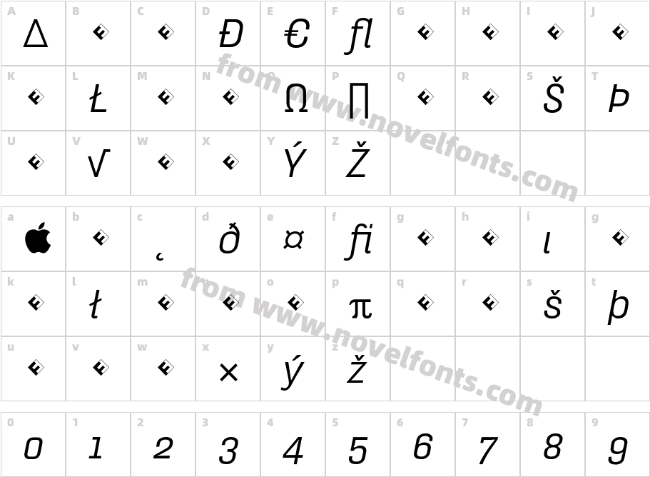 HydraText-RegularItalicExpCharacter Map