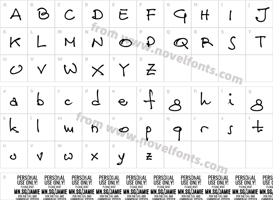 Jamie Handwriting Light PERSONAL USE RegularCharacter Map