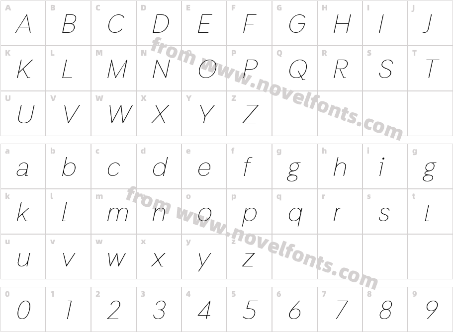 Auxilia Thin ObliqueCharacter Map
