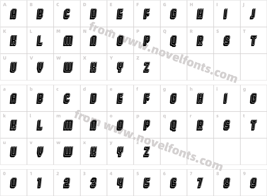 Broadway Flat 3D Filled ItalicCharacter Map