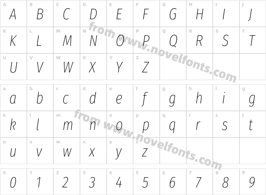 Fira Sans Compressed Ultra Light ItalicCharacter Map