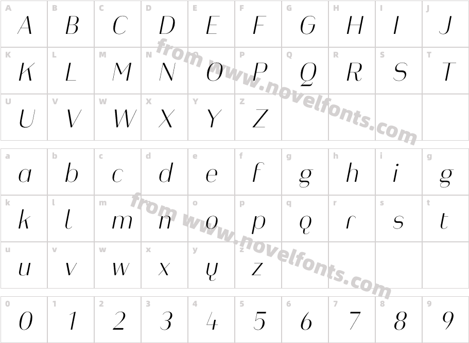 Heimat Display 10 Extra Light ItalicCharacter Map