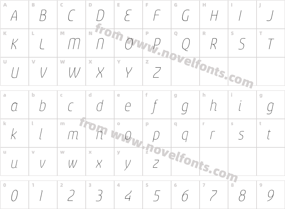 Sancoale Narrow Thin ItalicCharacter Map
