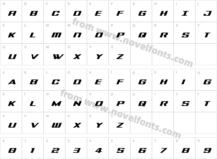 Tigershark Condensed ItalicCharacter Map