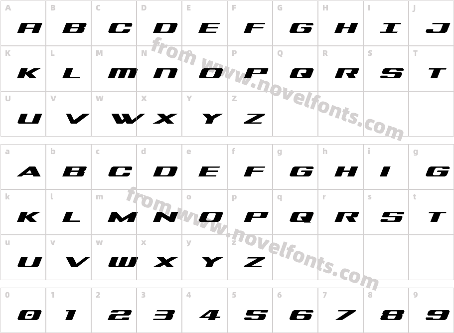 Tigershark Expanded ItalicCharacter Map