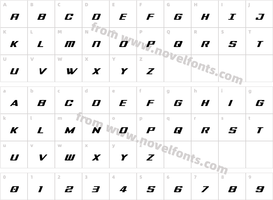 Tigershark Extra Condensed ItalicCharacter Map