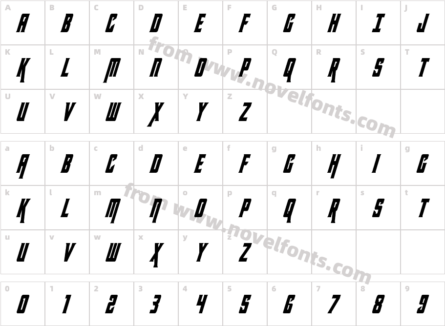 Kondor Condensed ItalicCharacter Map