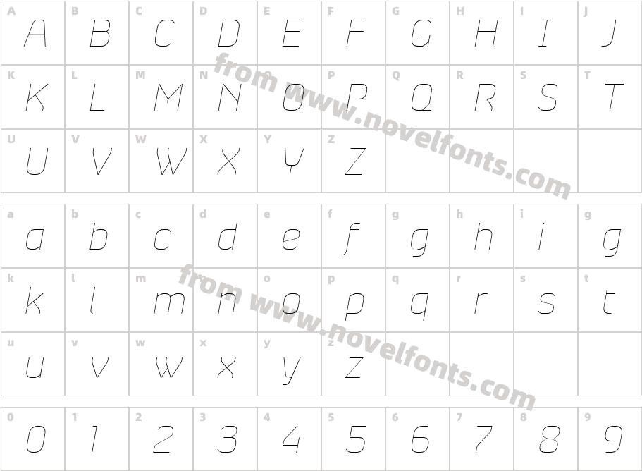 Absentia Sans Italic HairlineCharacter Map
