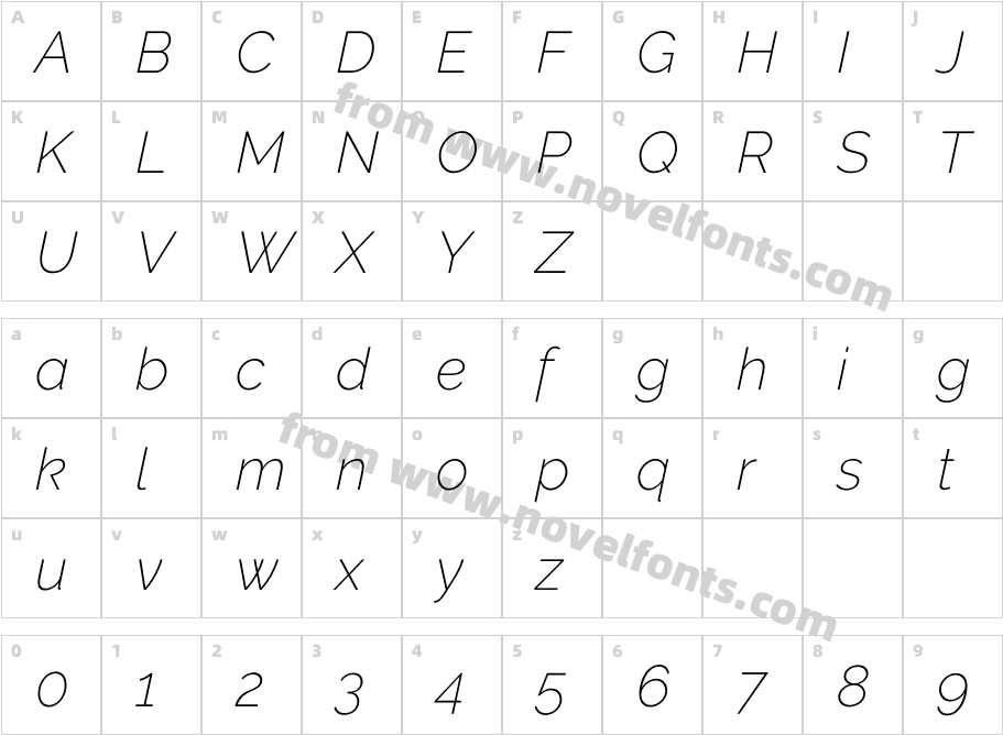 Aurora Extra Light ItalicCharacter Map