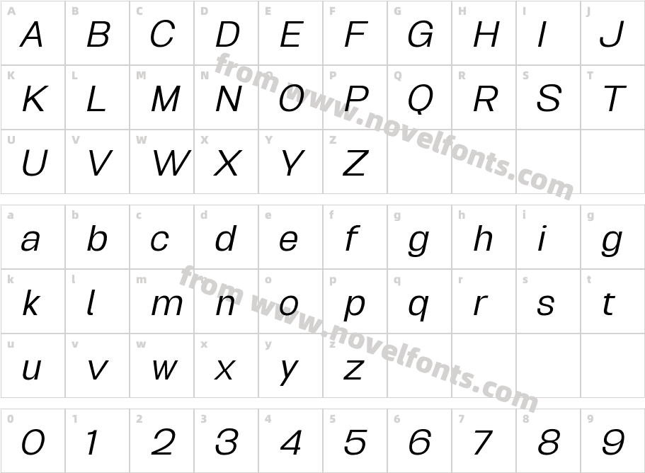 Biggan Pro Extra Light ObliqueCharacter Map