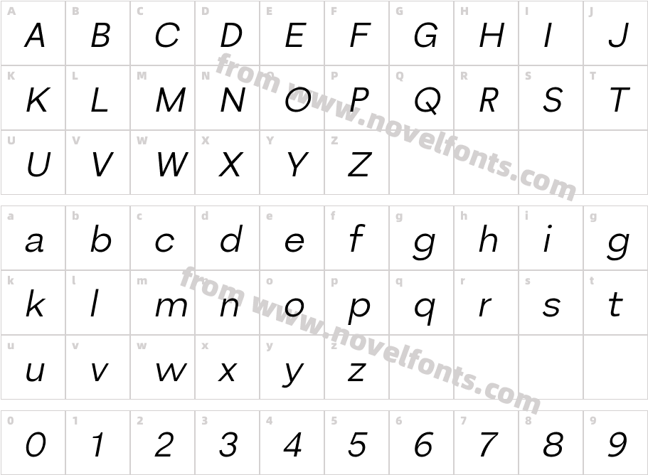 Bornia Regular ItalicCharacter Map