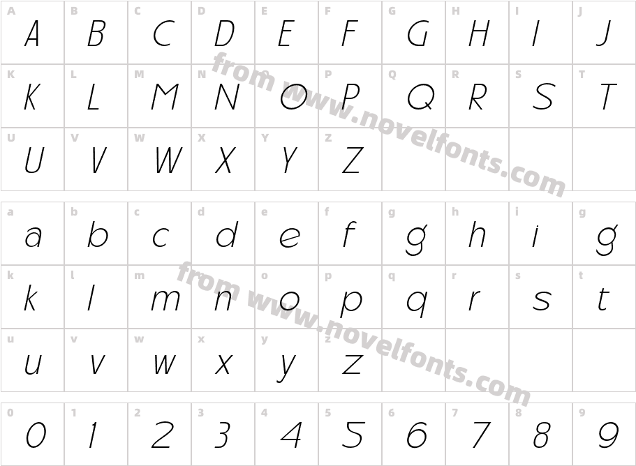 Carltine Extra Light ItalicCharacter Map