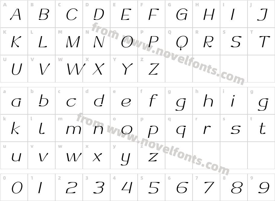 Dofend Extra Light SlantedCharacter Map