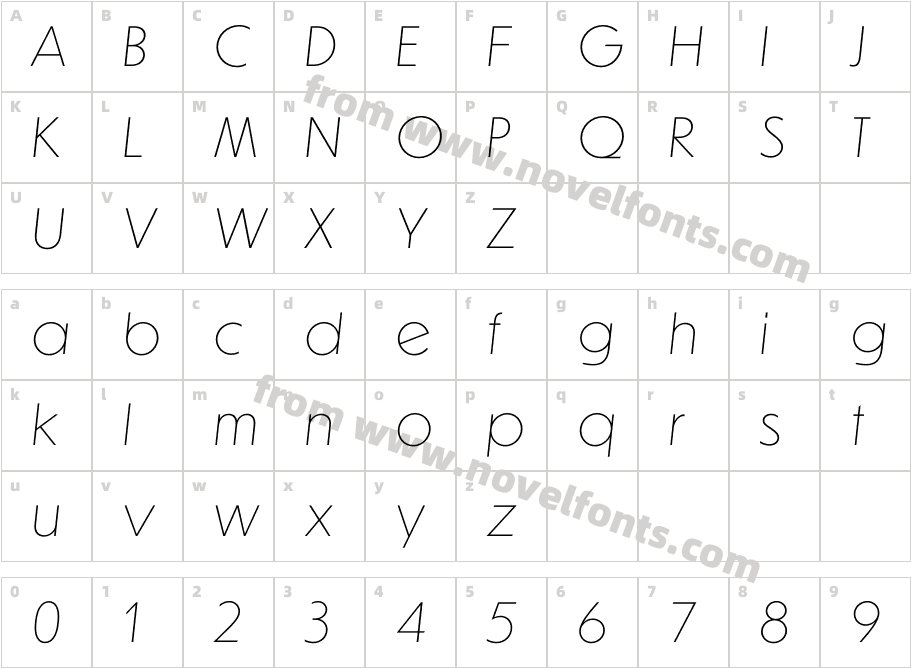 Dunbar Tall Extra Light ItalicCharacter Map