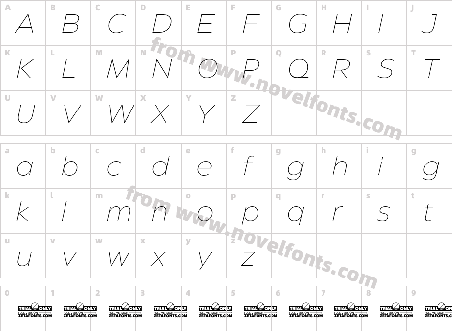 Eastman Roman Trial Extralight ItalicCharacter Map
