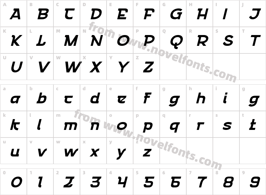 Emencut Extra Bold SlantedCharacter Map
