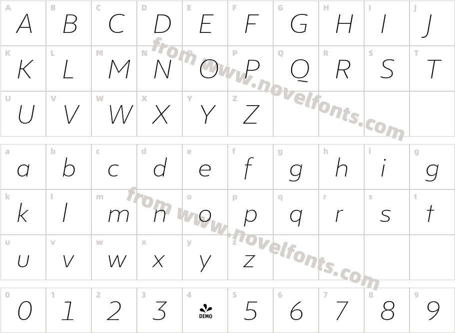 FSP DEMO Lexis Alt Thin Italic RegularCharacter Map