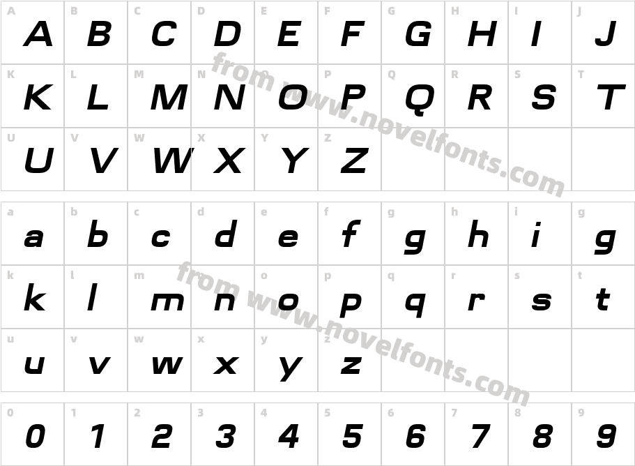 Futurette Black ObliqueCharacter Map