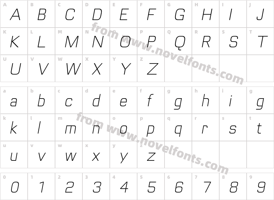 Futurette Extra Light ObliqueCharacter Map