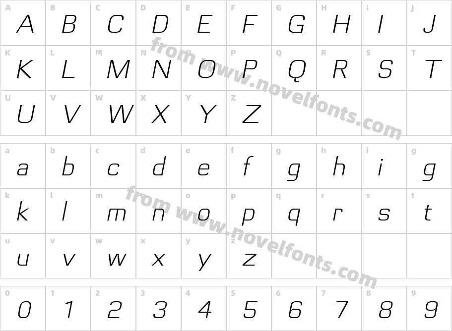 Futurette Light ObliqueCharacter Map
