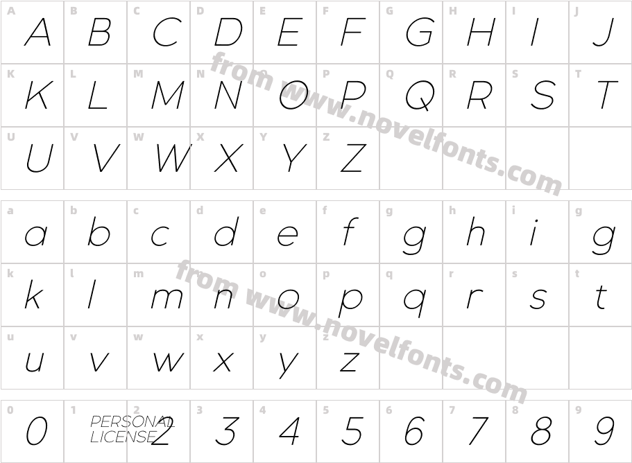 Gexo Sans Thin ItalicCharacter Map