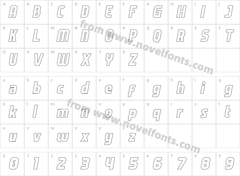 Kewi Heavy Italic OutlineCharacter Map