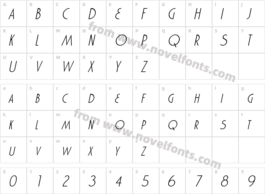 Marquisette BTN Light ObliqueCharacter Map