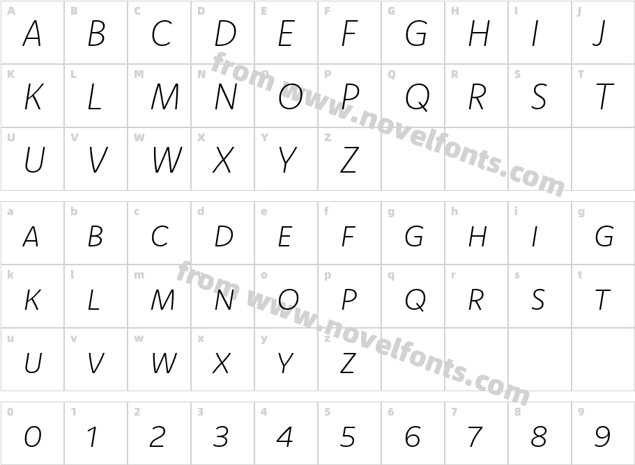Komet Extra Light SC ItalicCharacter Map