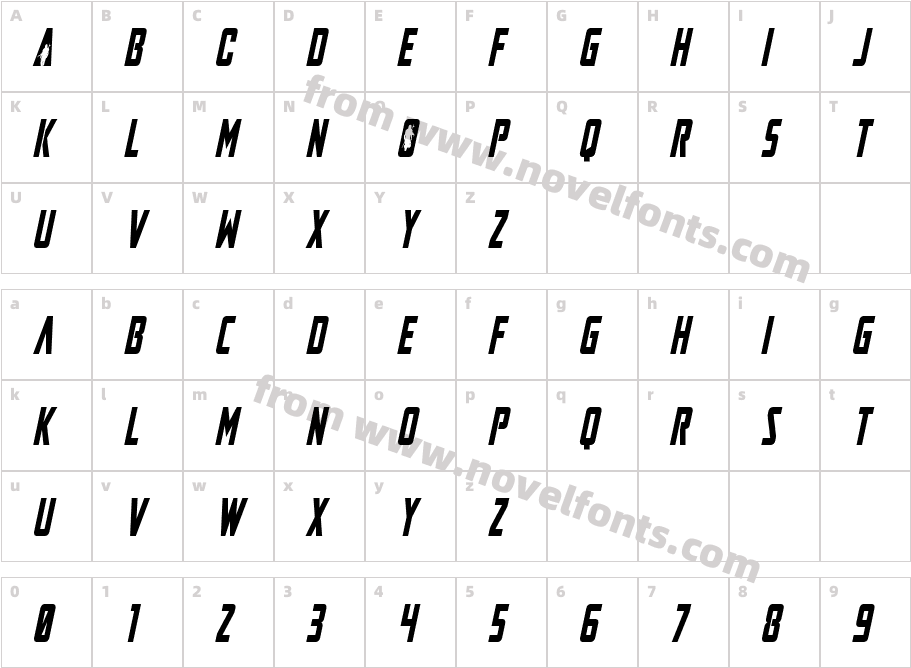 Mandalore Condensed ItalicCharacter Map