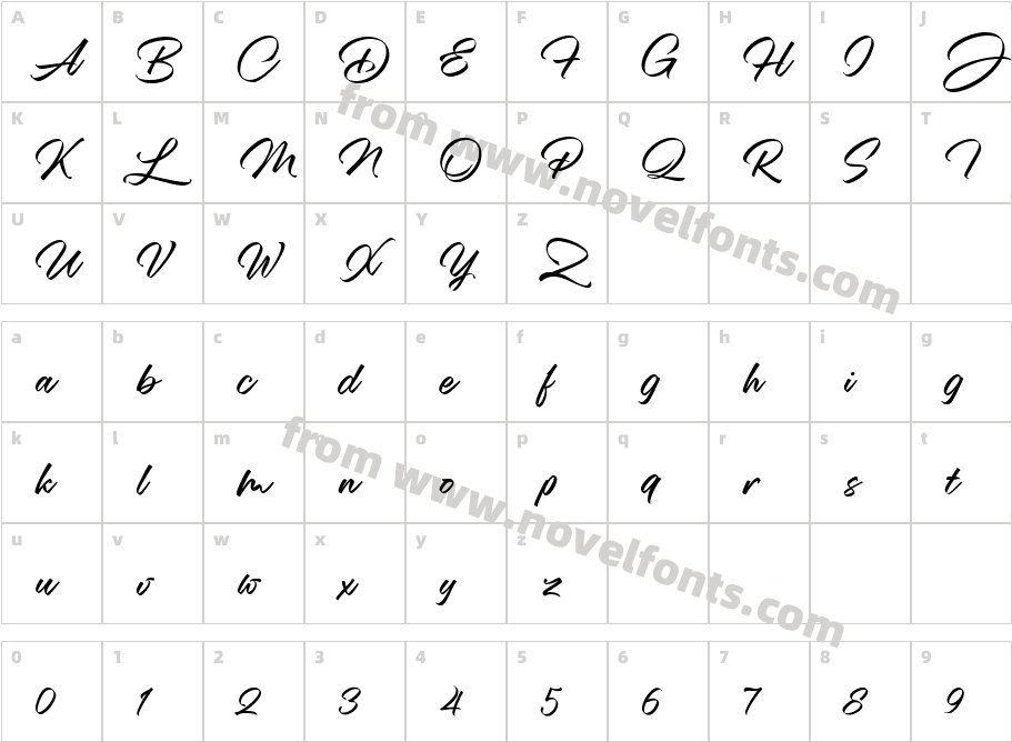 Mansions Brush Script RegularCharacter Map